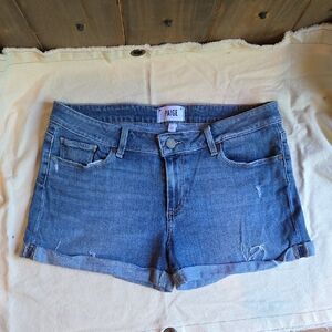 PAIGE Blue Jean Shorts with Frayed Hem